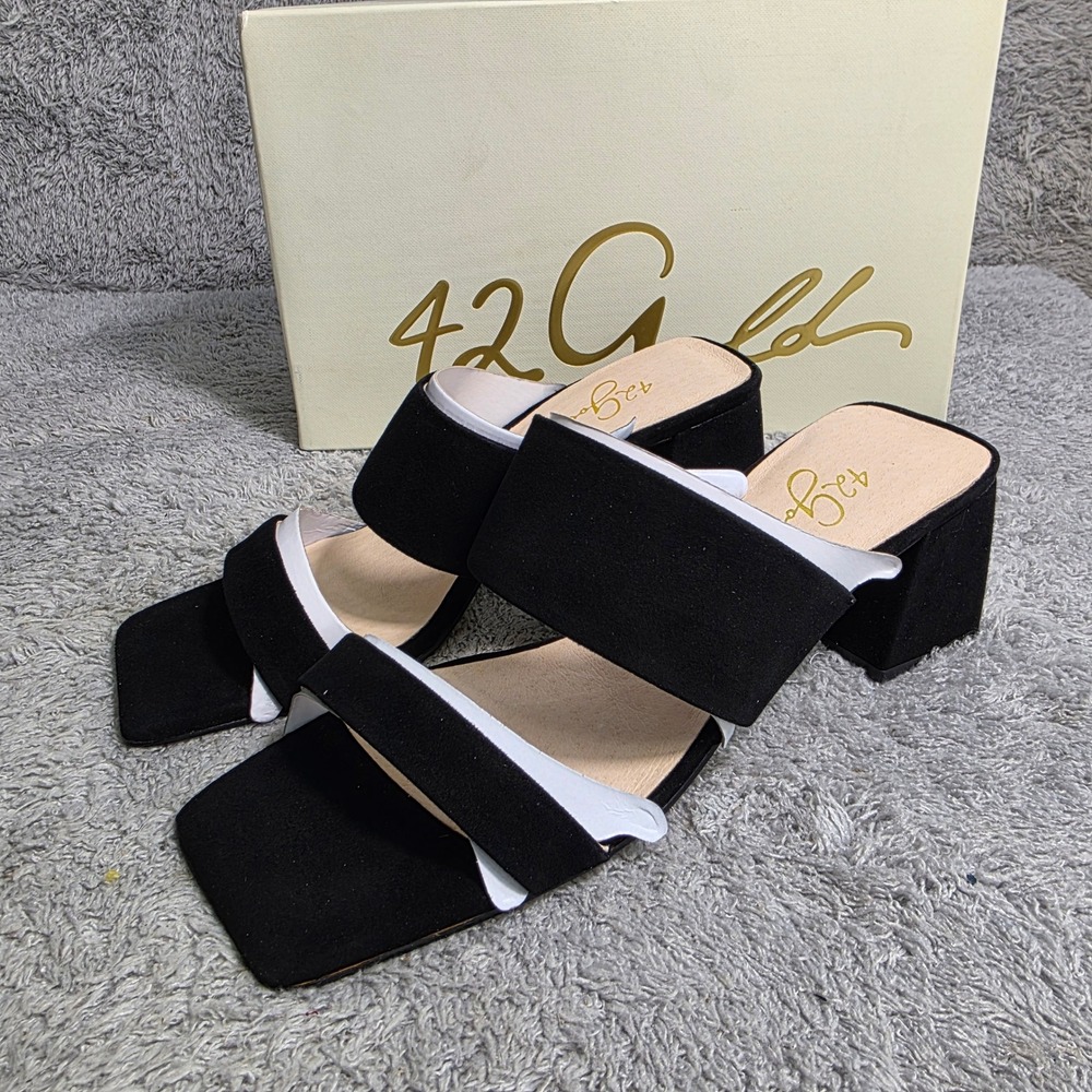 Black Buttery Suede‎ Leather Dressy Sandals Heels Square Toe Chunky Womens 7 NEW
